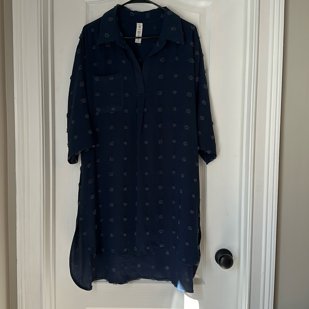 Swiss Dot 3/4 Sleeve Bathing Suit Cover Up - Navy